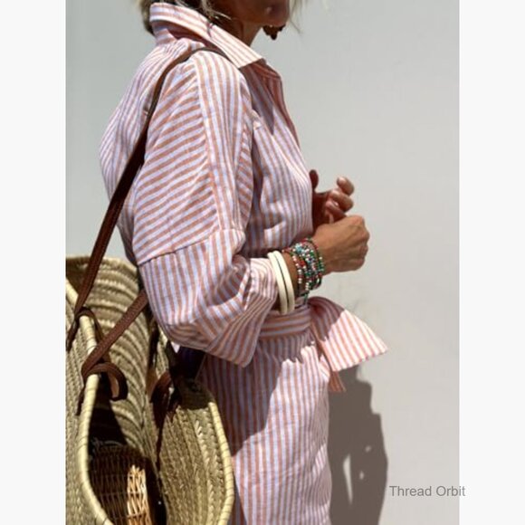 Long Sleeve Button Down Maxi Dress Loose Fit Striped Cotton Casual - Picture 5 of 7